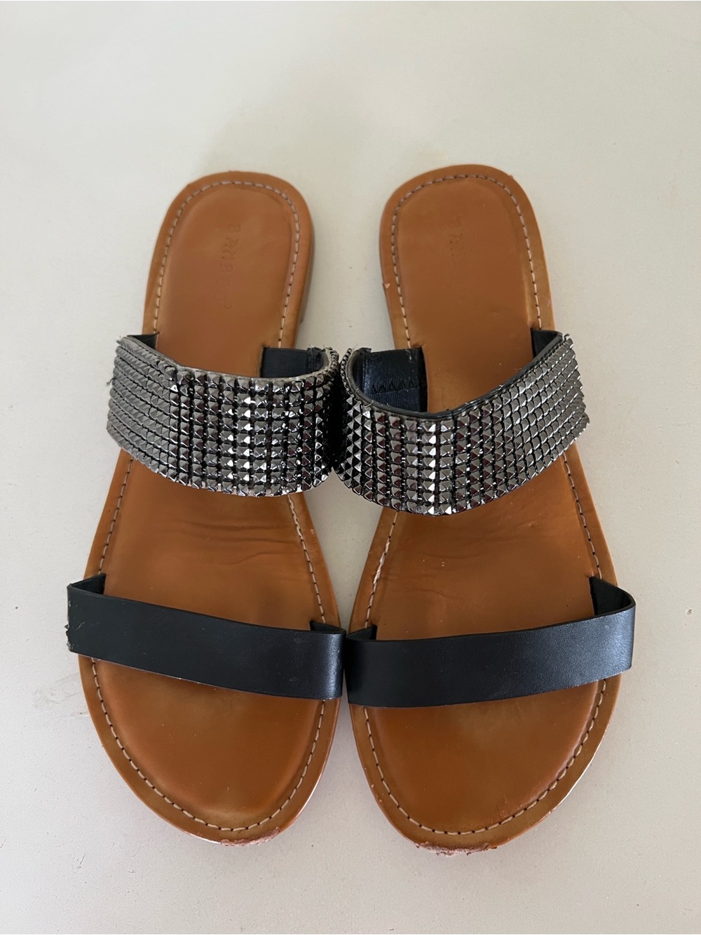 BAMBOO Black and Brown Studded Double-Strap Slide Sandals